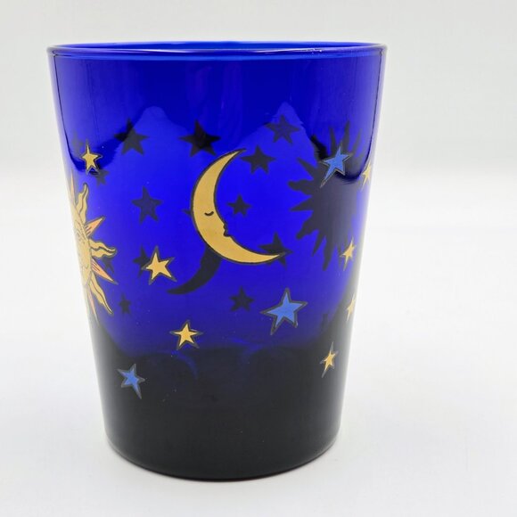 Libbey Celestial Sun Moon Stars Cobalt Blue Old Fashioned Glass Friends Yellow - Picture 5 of 11